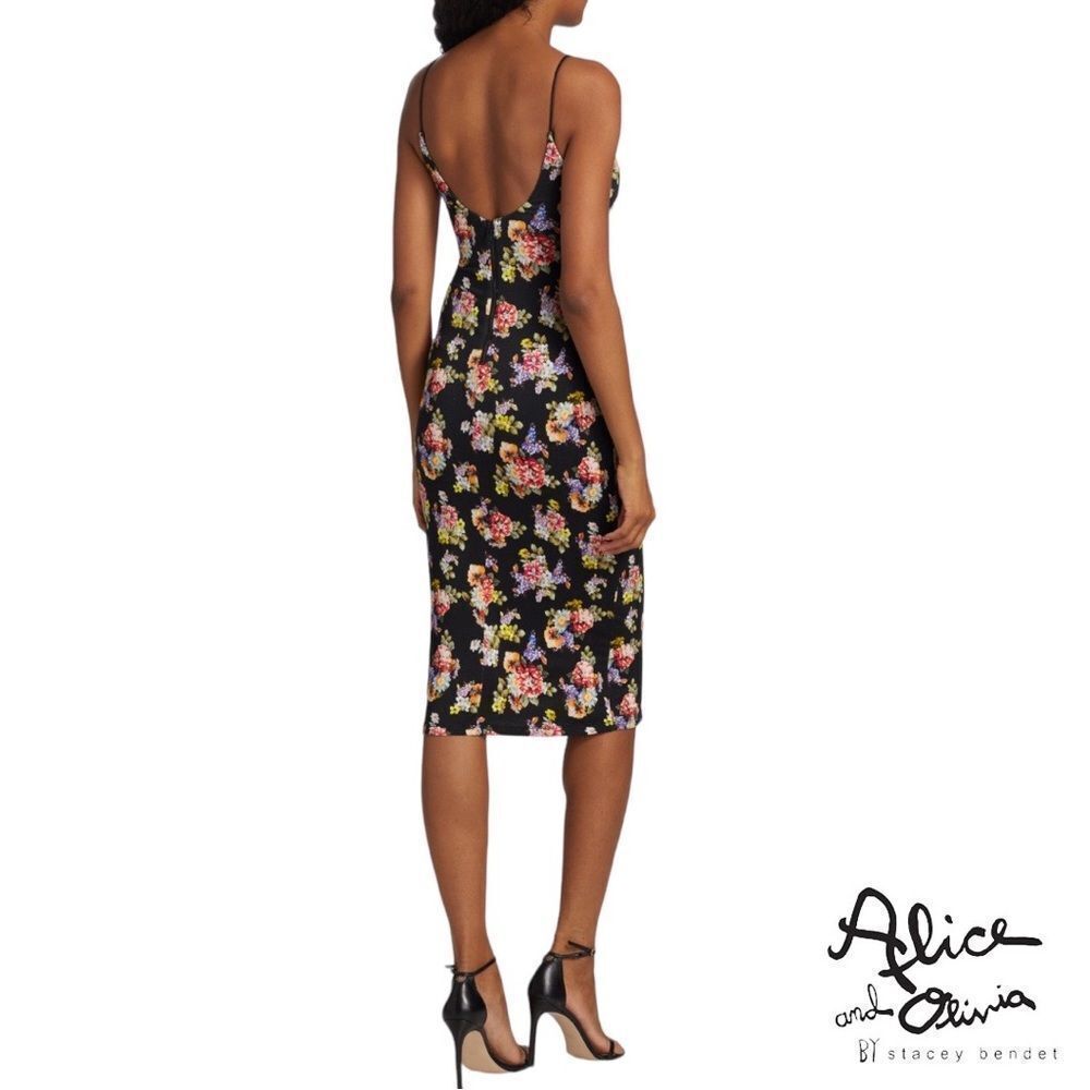 alice + olivia **NWT** Delora Black Magnolia Floral Print Fitted Midi D… - Picture 10 of 13